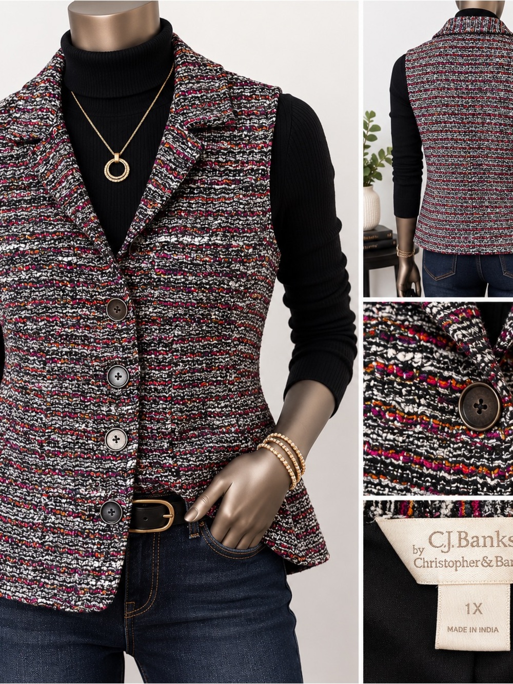 CJ Banks 1X Tweed Vest Women Multicolor Button Front Lined Career Fall Layer